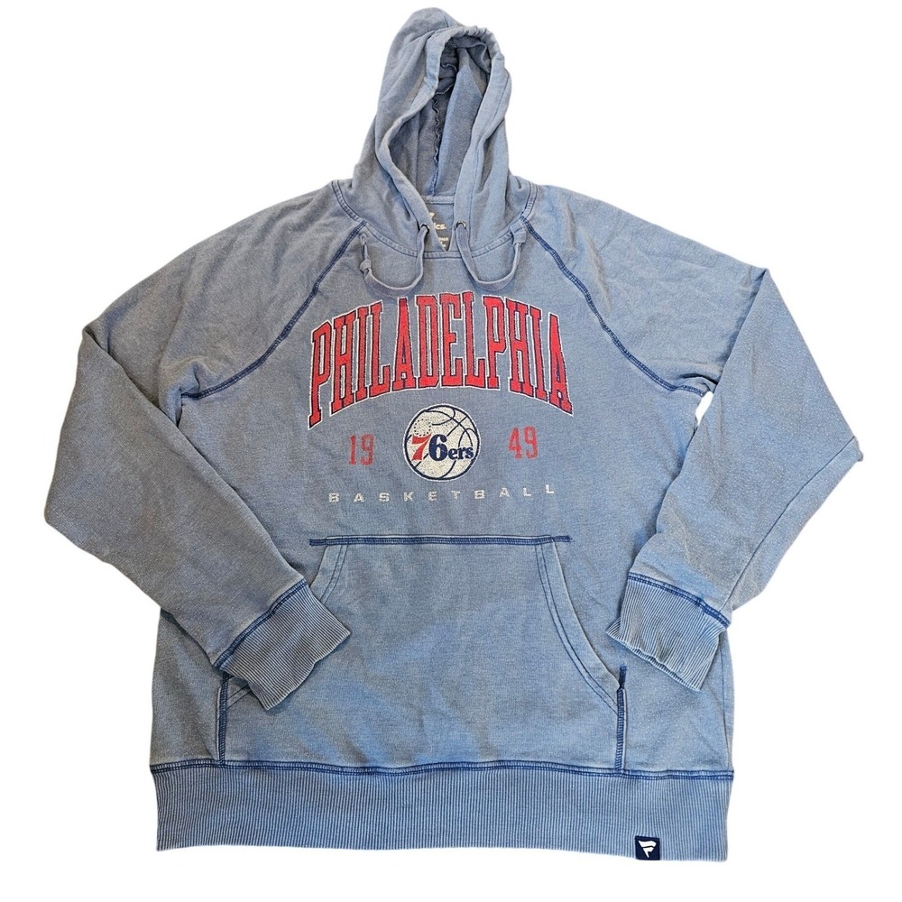 Vintage Fanatics Philadelphia 76ers NBA Men Blue Acid Wash Pullover Hoodie Large